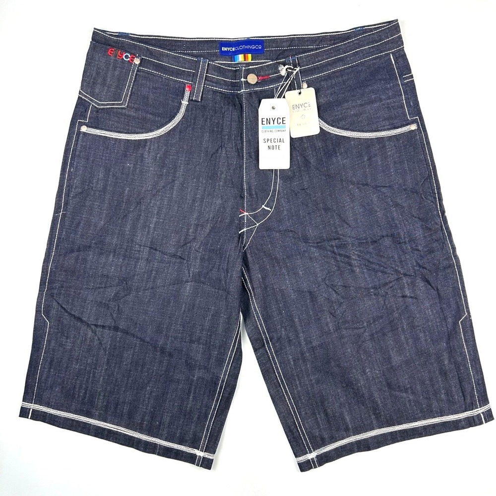 Enyce Mens Denim Shorts Dark Wash Contrast Stitch Embroidered Logo Size 40 NWT